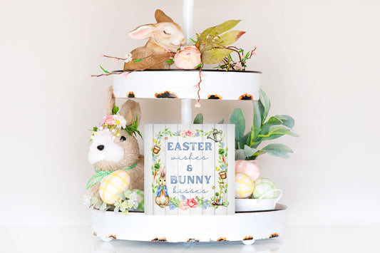 Easter Wishes Bunny Kisses Printed Handmade Wood  Mini Sign, Tier Tray Decor, Farmhouse Sign