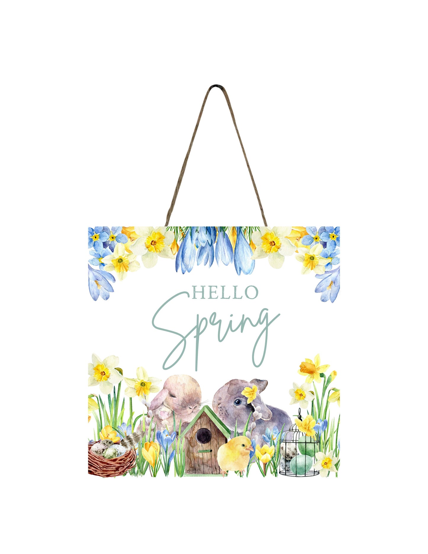 Hello Spring Rabbit Printed Handmade Wood  Mini Sign, Tier Tray Decor, Farmhouse Sign