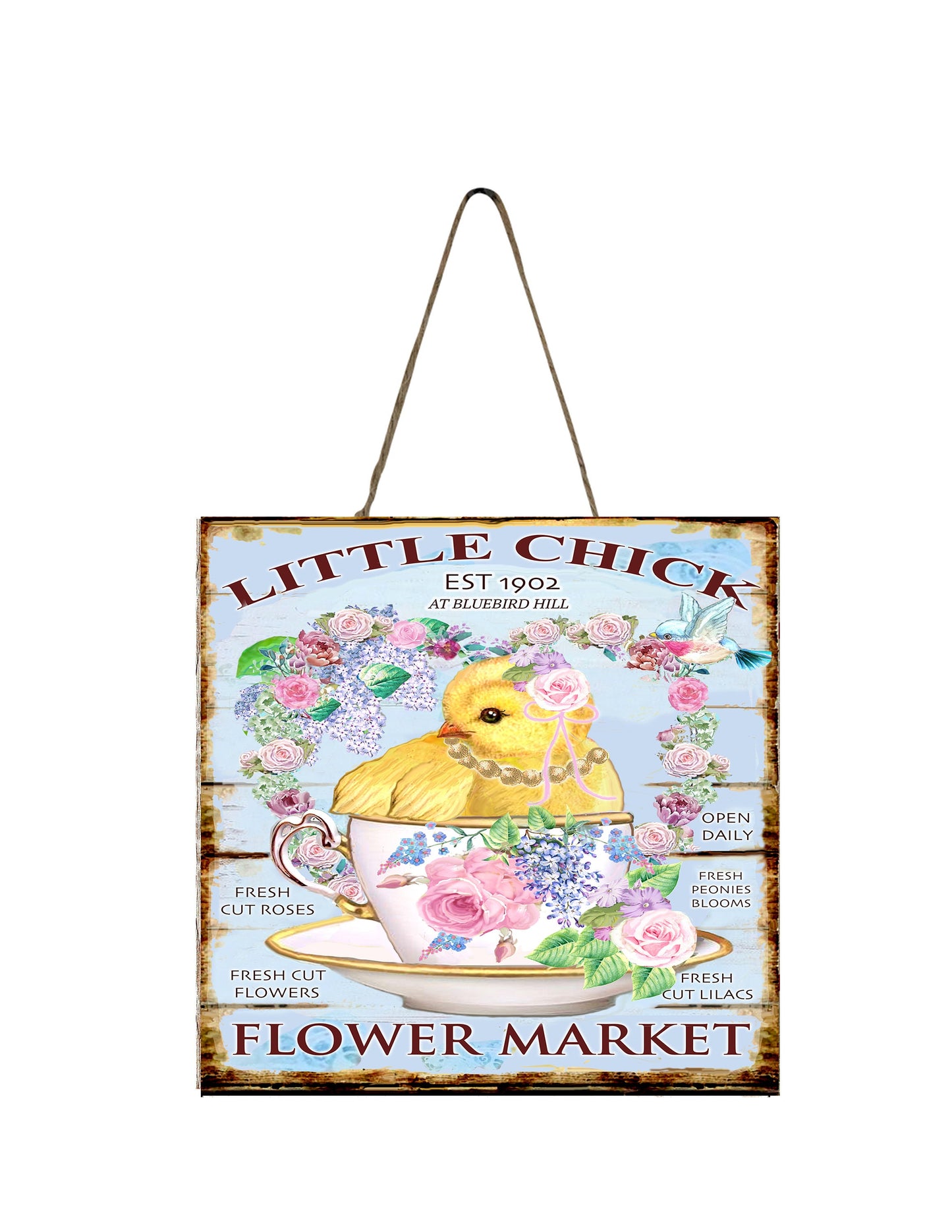 Little Chick Flower Market impreso hecho a mano mini letrero de madera, decoración de bandeja de nivel, letrero de granja