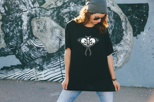 Moth Skull, Tshirt, Celestial Boho, Graphic T's  100% Cotton Black White or Gray