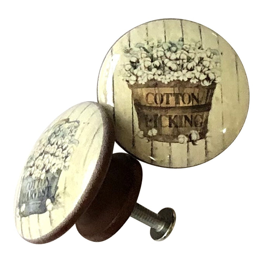 Set of 8 Cotton Pickin' Farm Print Wood Cabinet Knobs, Kitchen Knobs, Draw Knobs, Farmhouse Style