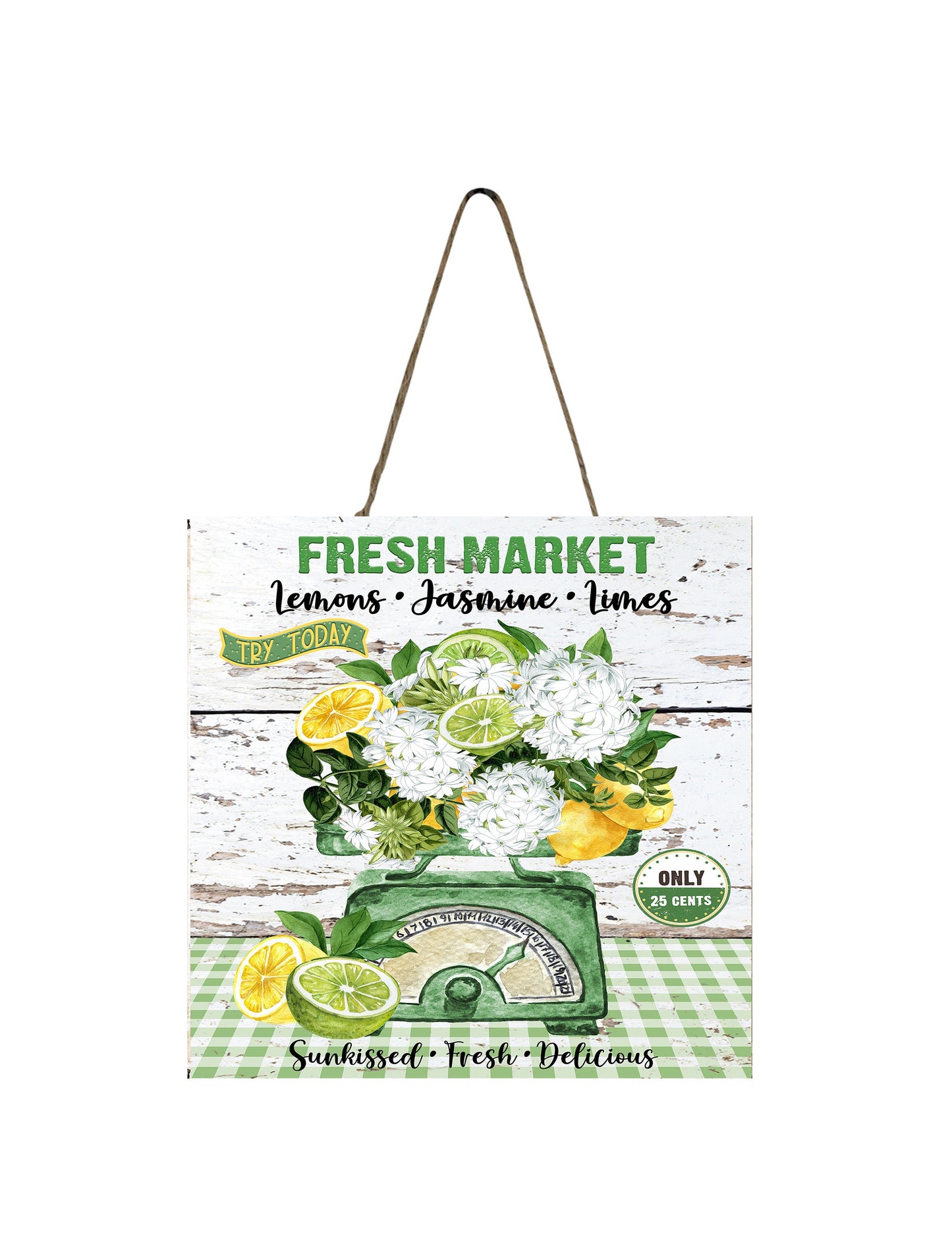 Fresh Market Lemon Jasmine impreso hecho a mano mini letrero de madera, decoración de bandeja de nivel, letrero de cocina, decoración de granja