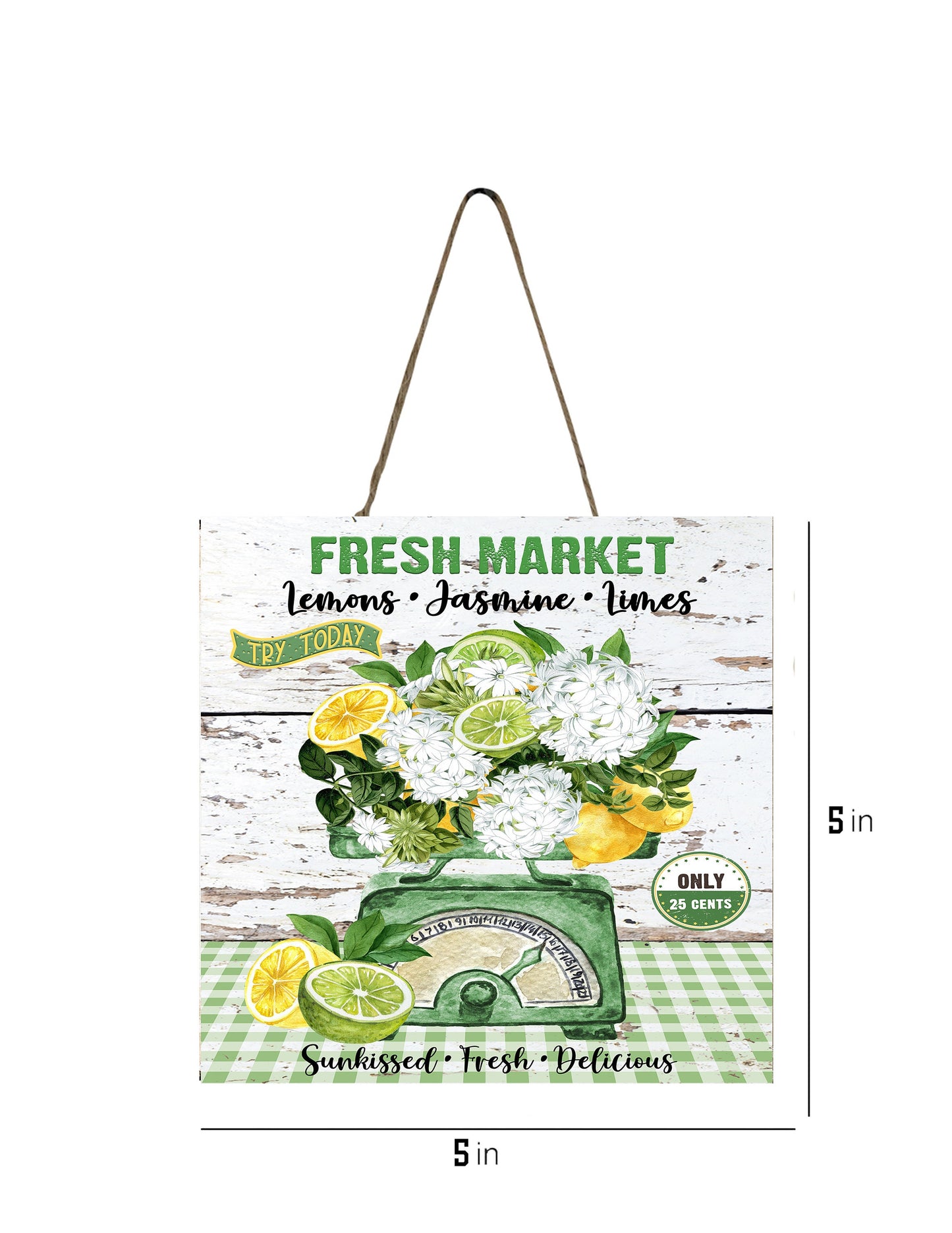 Fresh Market Lemon Jasmine impreso hecho a mano mini letrero de madera, decoración de bandeja de nivel, letrero de cocina, decoración de granja