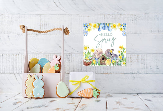 Hola primavera conejo impreso hecho a mano mini letrero de madera, decoración de bandeja de nivel, letrero de granja