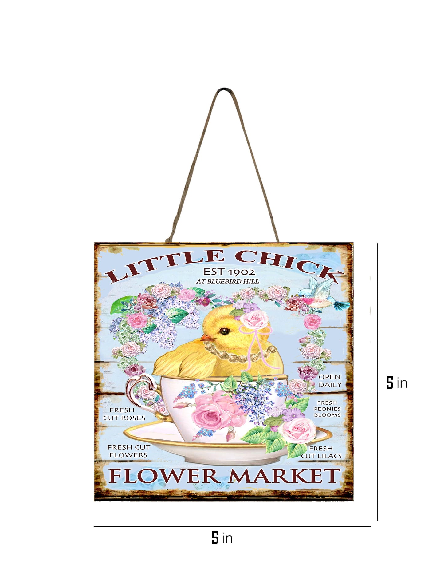 Little Chick Flower Market impreso hecho a mano mini letrero de madera, decoración de bandeja de nivel, letrero de granja