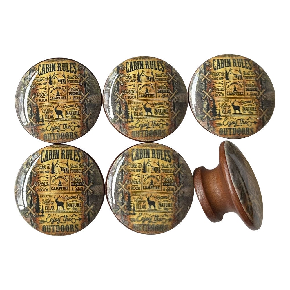 Set of 6 Cabin Rules Wood Print Cabinet Knobs  Drawer Knobs, Drawer Pull, Rustic Cabin Decor