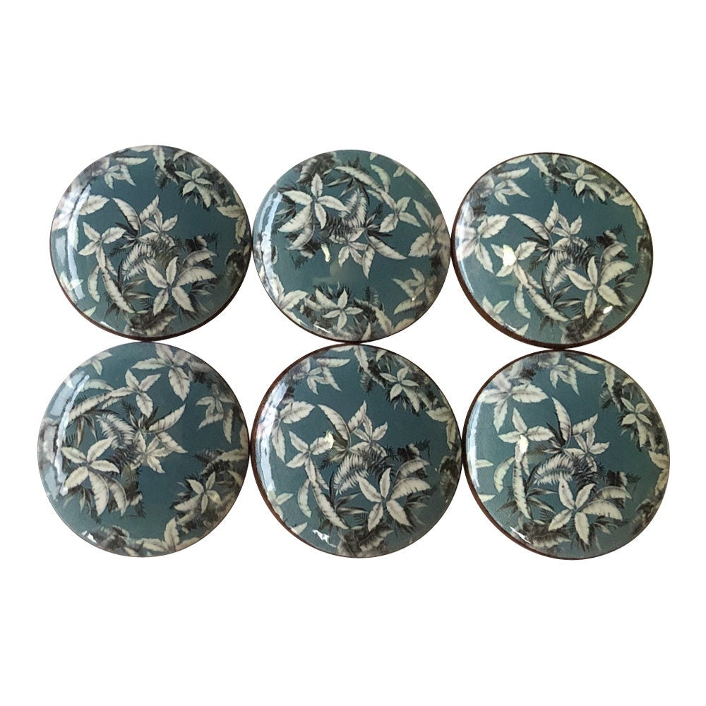Set of 6 Blue Palms Tropical Wood Print Cabinet Knobs  Drawer Knobs, Drawer Pull, Beach Cottage Decor