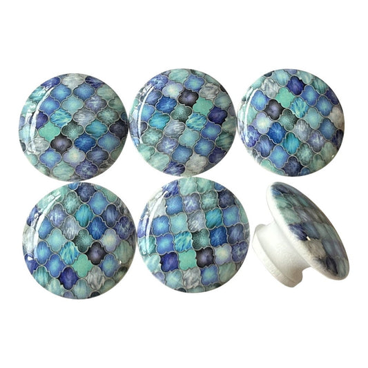 Set of 6 Blue Moroccan Wood Print Cabinet Knobs  Drawer Knobs, Drawer Pull