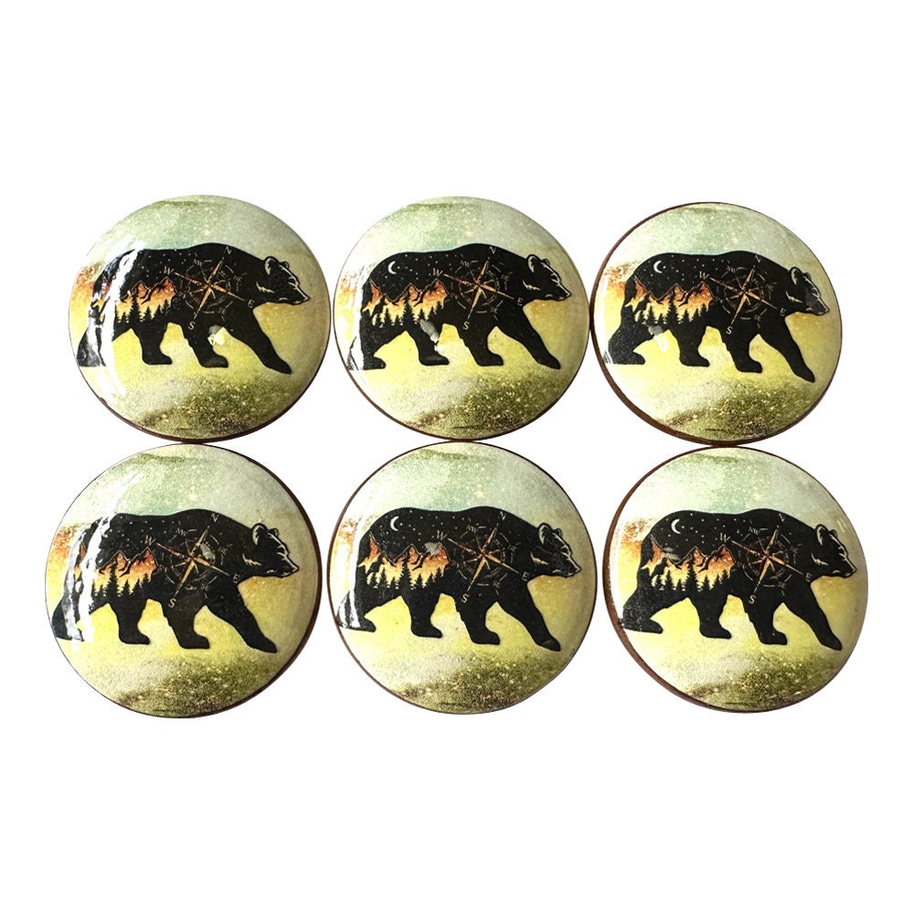 Set of 6 Compass Bear Wood Print Cabinet Knobs  Drawer Knobs, Drawer Pull, Woodland Animals
