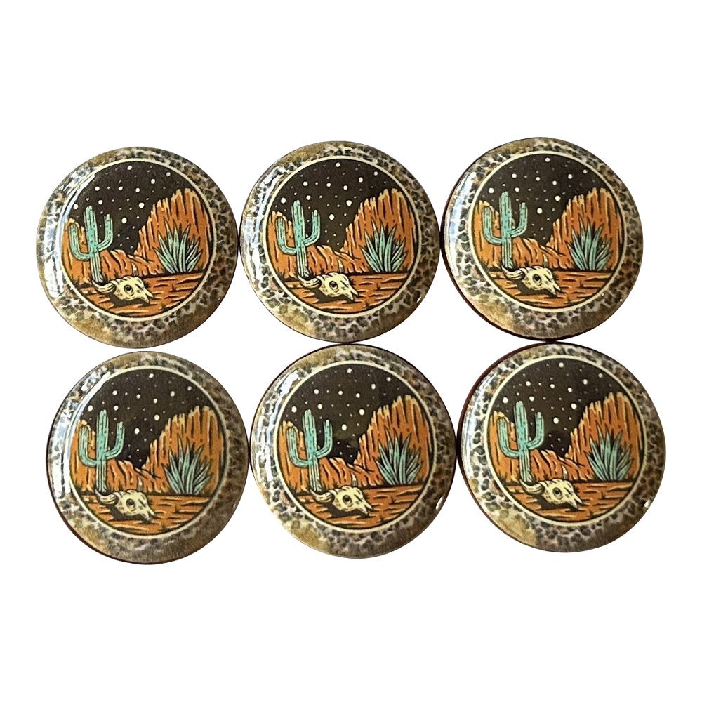 Set of 6 Sunset Desert Cow Skull Wood Print Cabinet Knobs  Drawer Knobs, Drawer Pull, Southwestern Decor, Western, Cactus