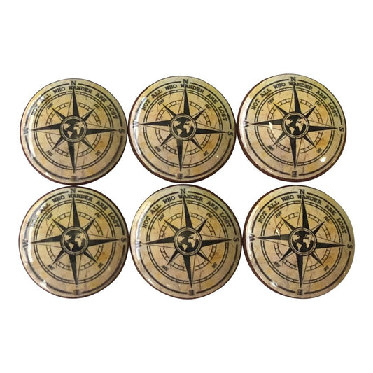 Set of 6 Not All Who Wander Are Lost Compass Wood Cabinet Knobs