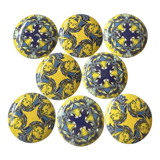 Set of 8 Paradise Mandala Print Wood Cabinet Knobs, Drawer Knobs, Blue and Yellow Knobs, Cabinet Pulls