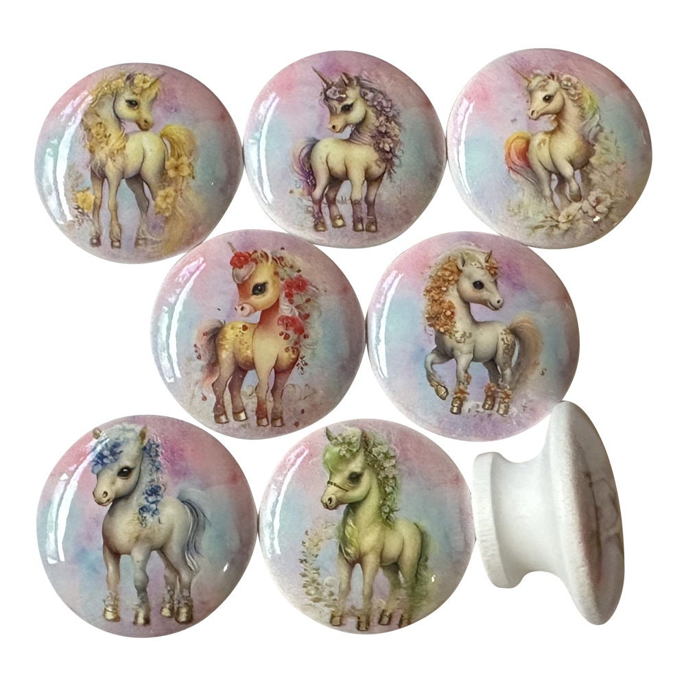 Set of 8 Unicorn Fantasy Baby Print Wood Cabinet Knobs, Drawer Knobs, Kids room, Nursery Decor