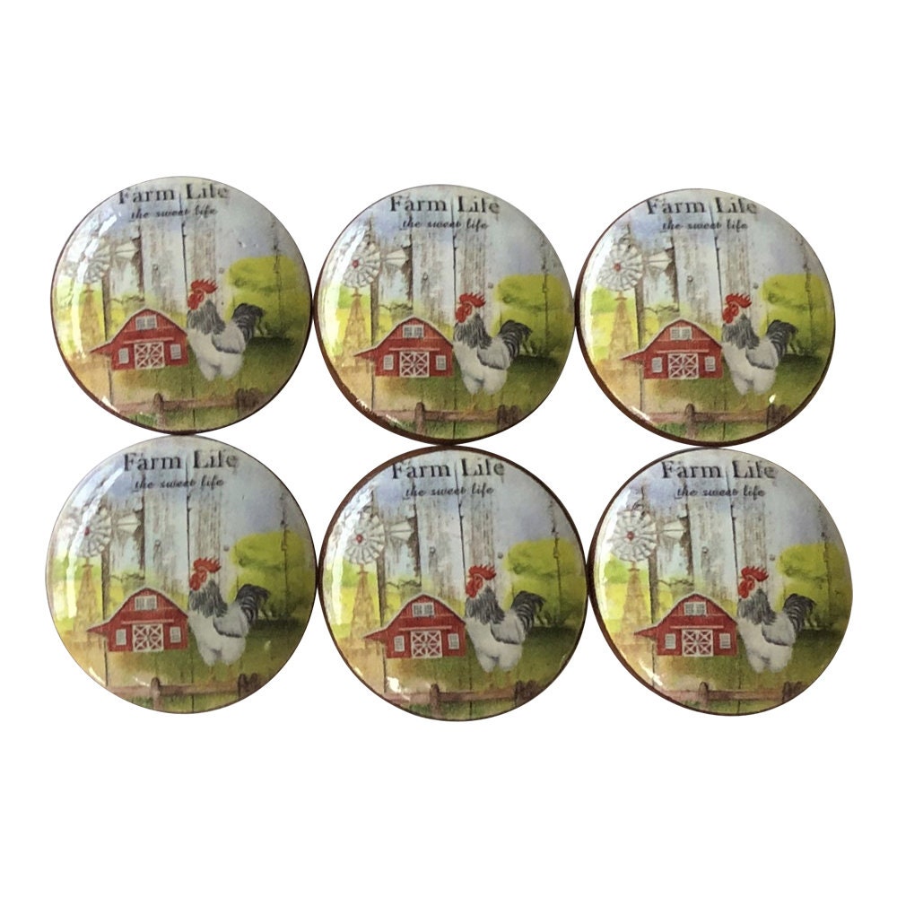 Set of 6 Farm Life Chickens Wood Print Cabinet Knobs  Drawer Knobs, Drawer Pull, Farmhouse Decor, Chickens Roosters