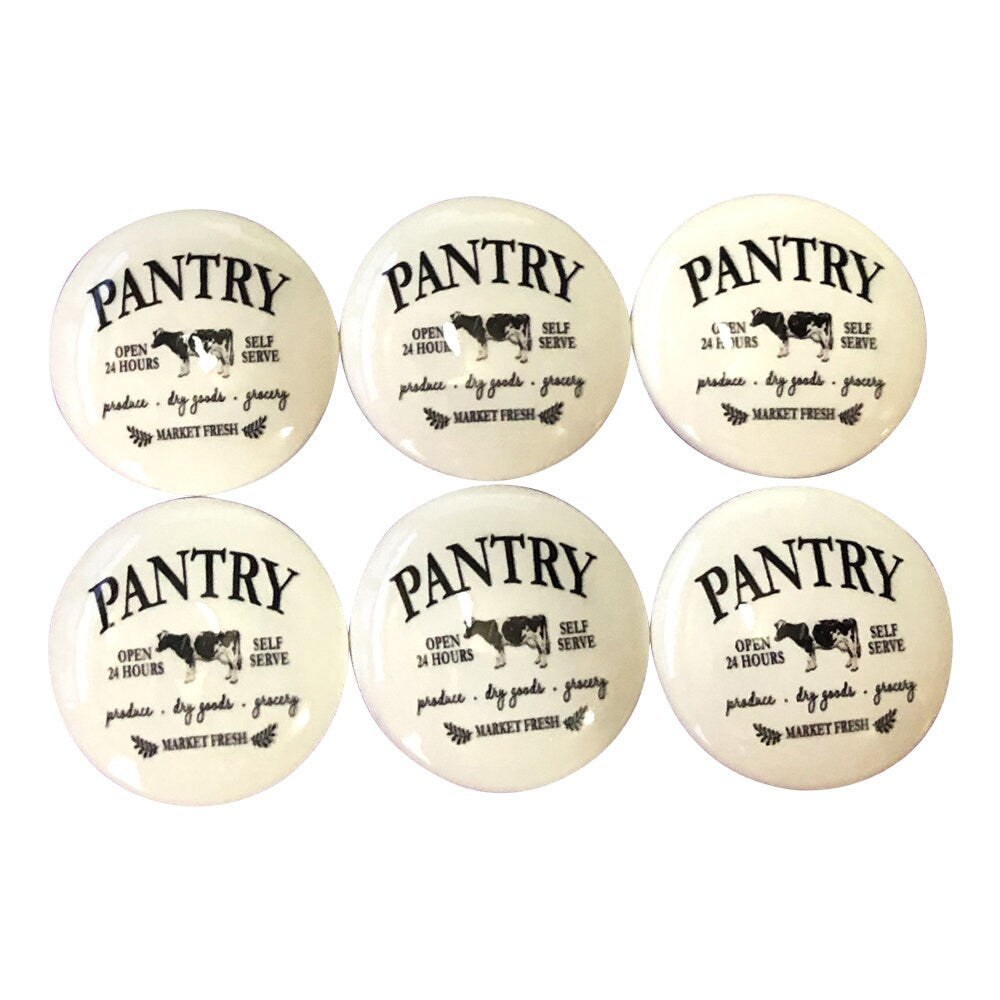 Set of 6 Black and White Pantry Wood Print Cabinet Knobs  Drawer Knobs, Drawer Pull, Farmhouse Decor, Cabinet Knobs and Pulls