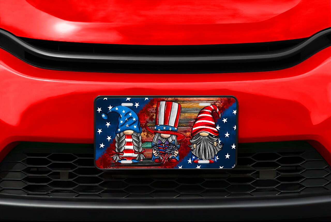 4th of July Gnomes Print Aluminum Front License Plate, Car Accessory, Stars and Stripes, Patriotic