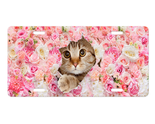 Cat Peeking from Flowers Aluminum Vanity License Plate Car Accessory Decorative Front Plate