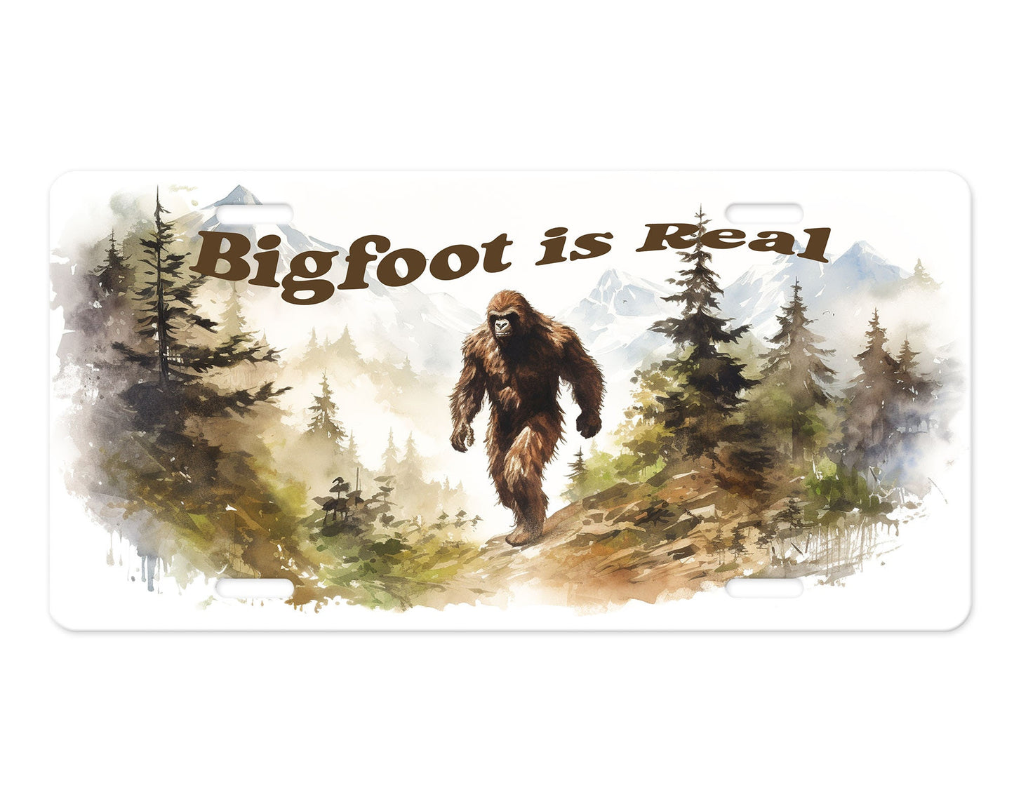 Bigfoot in Mountains, Sasquatch Print Aluminum Front License Plate, Car Accessory, Vanity Plate