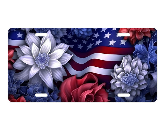 American Flag Floral Patriotic, Printed Aluminum Front License Plate, Car Accessory, Vanity Plate