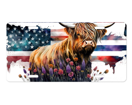 American Highland Cow Patriotic, placa de matrícula frontal de aluminio impresa con bandera estadounidense, accesorio para automóvil, placa de tocador