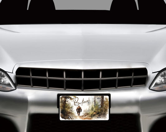 Bigfoot in Forest Believe, Sasquatch Print Aluminum Front License Plate, Car Accessory, Vanity Plate