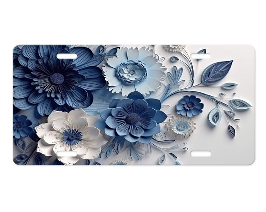 Blue and White Floral, Printed Aluminum Front License Plate, Car Accessory, Vanity Plate