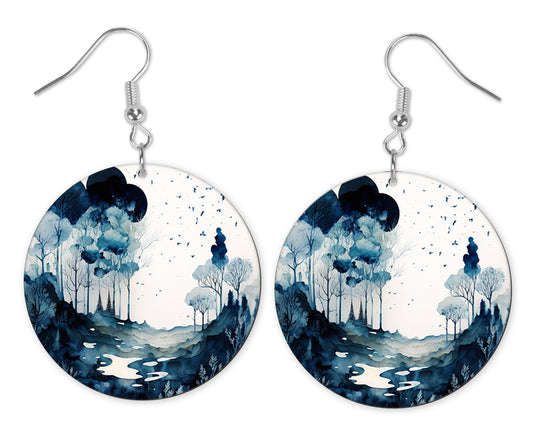 Blue Forest Botanical Round Printed Wood Earrings Handmade Jewelry