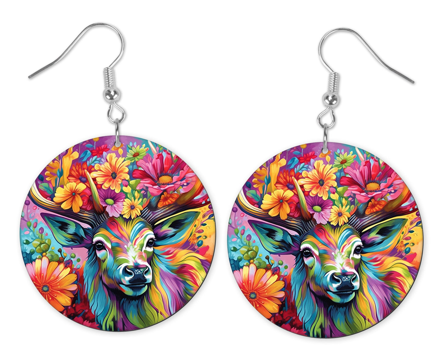 Bright Floral Deer Round Printed Wood Earrings Handmade Jewelry