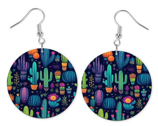 Pendientes redondos de madera con estampado de Cactus Blues, joyería hecha a mano