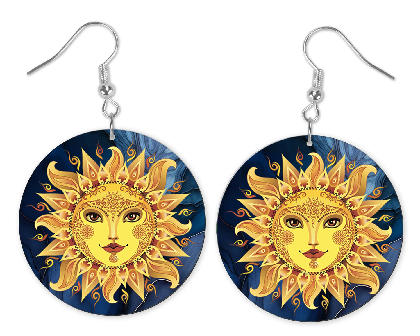 Celestial Sun Round Printed Wood Earrings Handmade Jewelry