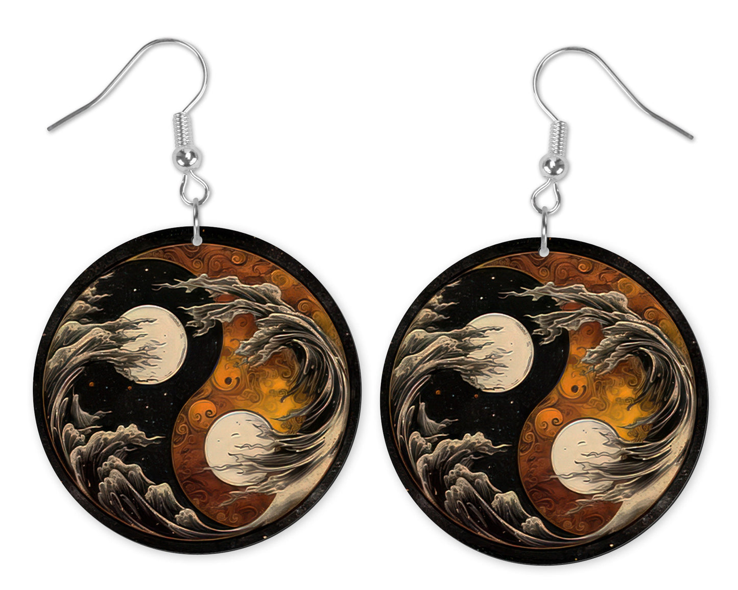 Pendientes de madera impresos redondos Celestial Ying Yang joyería hecha a mano