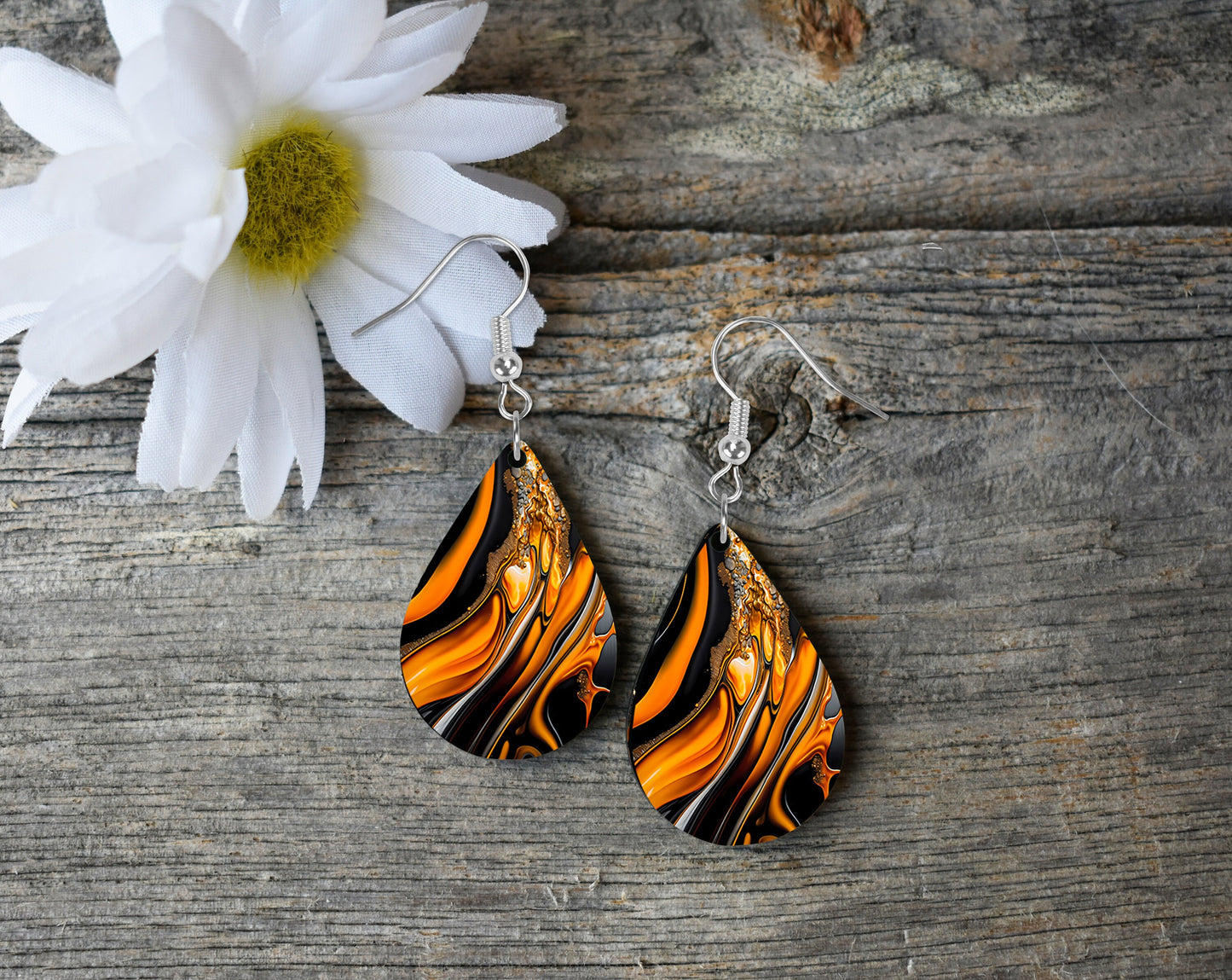 Black and Orange Swirl Halloween Print Tear Drop Wood Dangle Earrings Hypoallergenic Jewelry