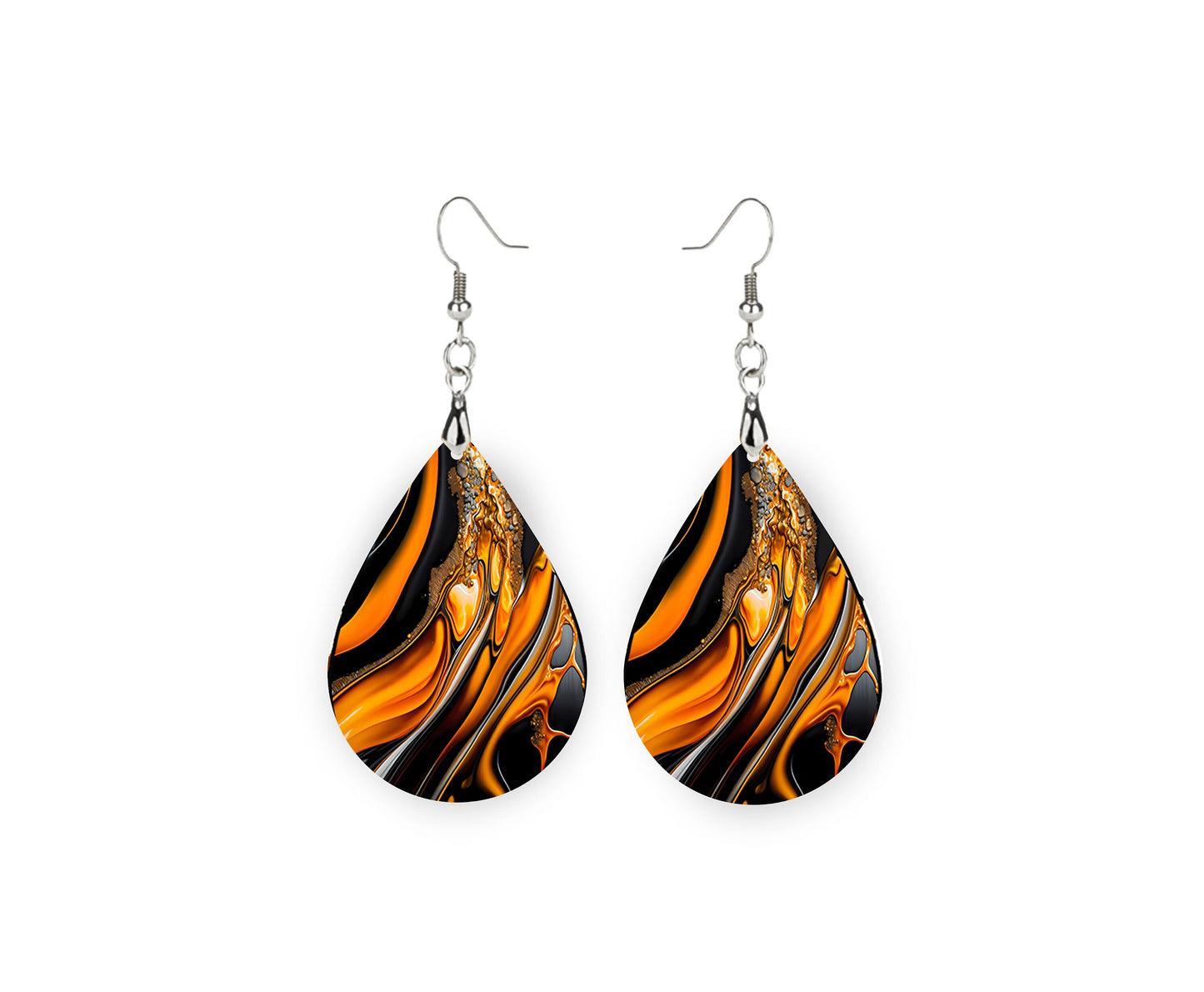 Black and Orange Swirl Halloween Print Tear Drop Wood Dangle Earrings Hypoallergenic Jewelry