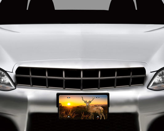 Deer Sunset Wildlife Print Aluminum Front License Plate, Car Accessory, Vanity Plate