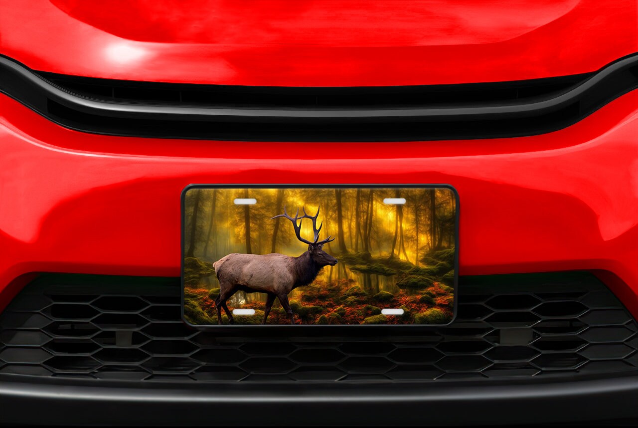 Elk in Misty Forest Wildlife Print Aluminum Front License Plate, Car Accessory, Vanity Plate