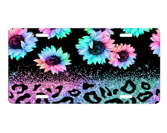 Daisy and Leopard Print Rainbow Aluminum Vanity License Plate Car Accessory Decorative Front Plate