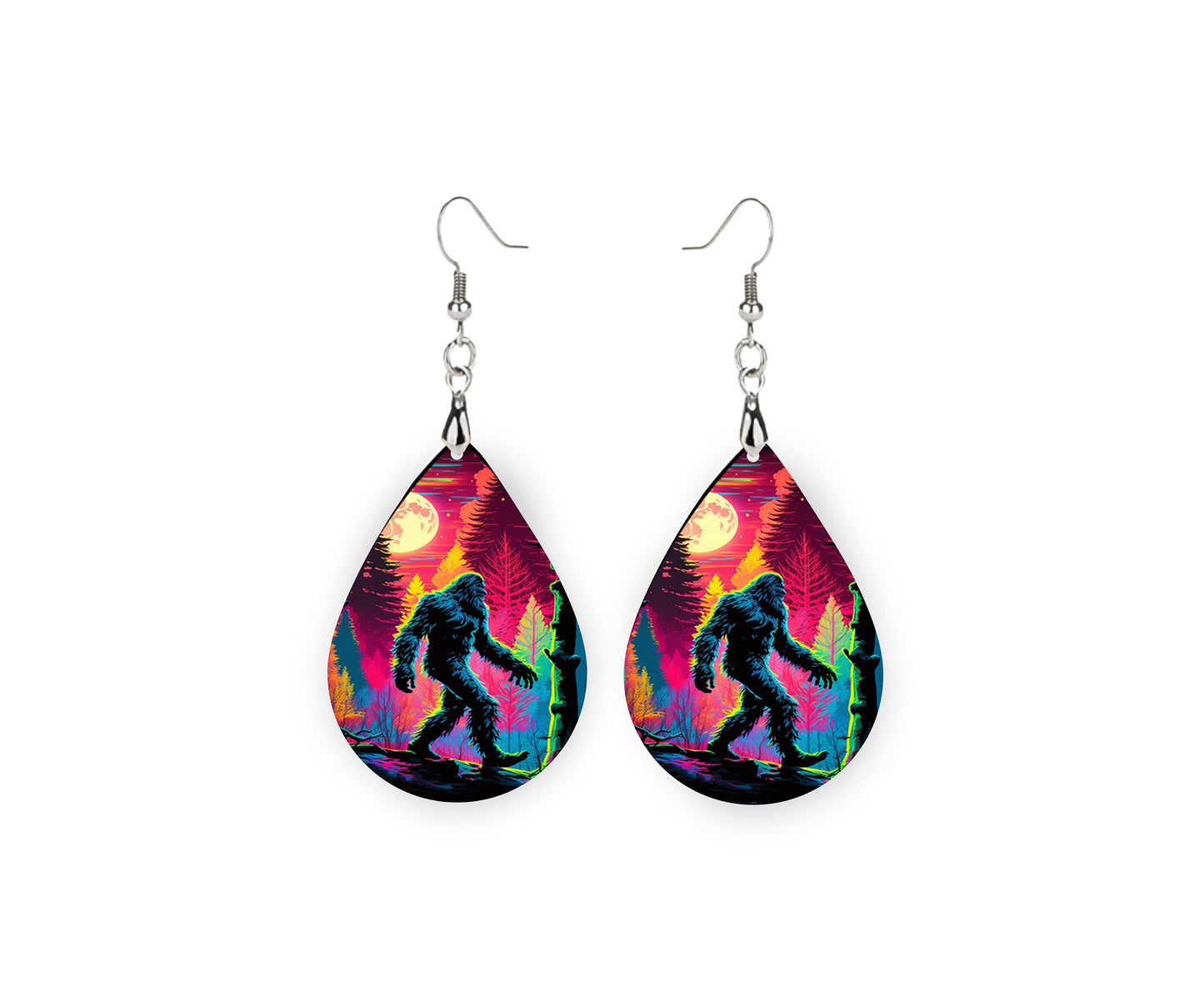 Neon Bigfoot Tear Drop Dangle Printed Earrings Jewelry Handmade