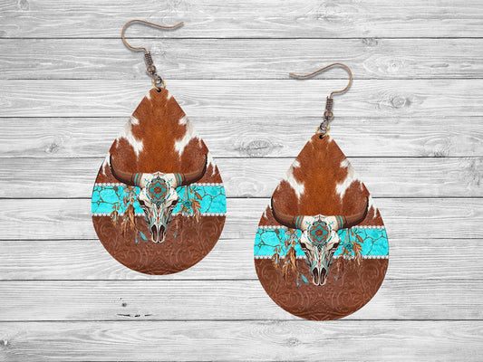 Cow Skull Turquoise Cowhide Western Tear Drop Dangle Printed Earrings Jewelry Handmade