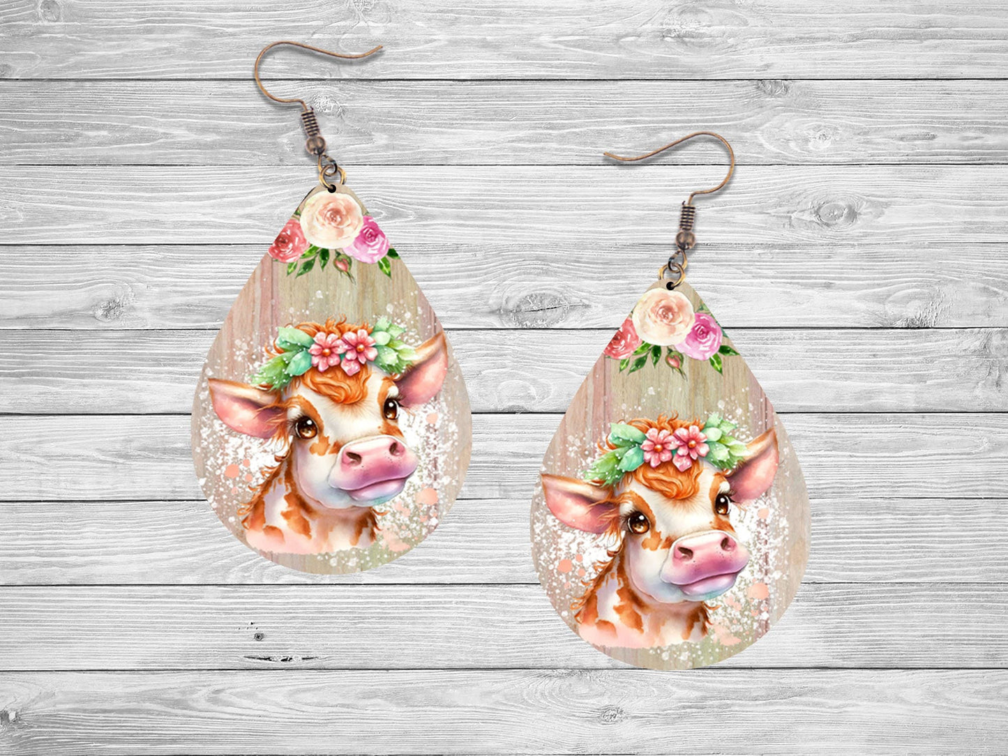 Cute Cow Farm Animal Tear Drop Dangle Printed Earrings Jewelry Handmade