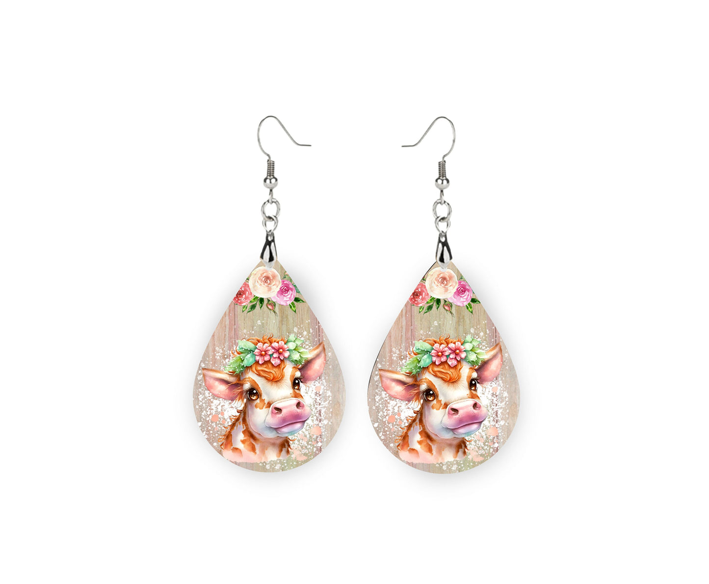 Cute Cow Farm Animal Tear Drop Dangle Printed Earrings Jewelry Handmade