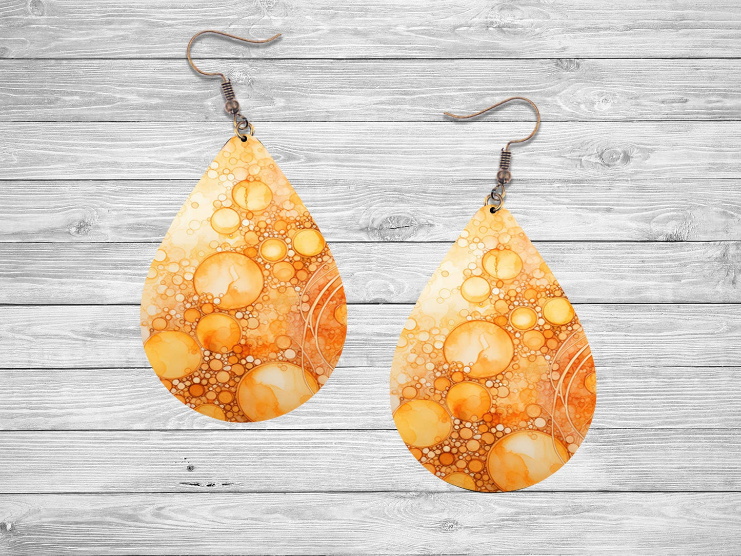 Naranja Fizz Tear Drop Dangle Pendientes impresos Joyería hecha a mano