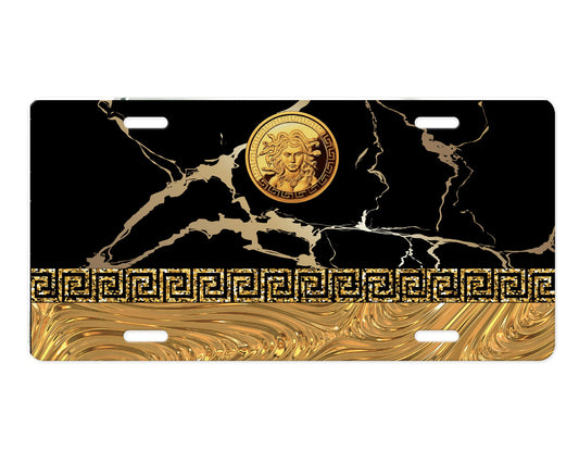 Black and Gold Greek Key Medallion Aluminum Vanity License Plate Car Accessory Decorative Front Plate