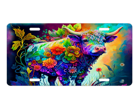 Highland Cow in Flowers Aluminum Vanity License Plate Car Accessory Decorative Front Plate