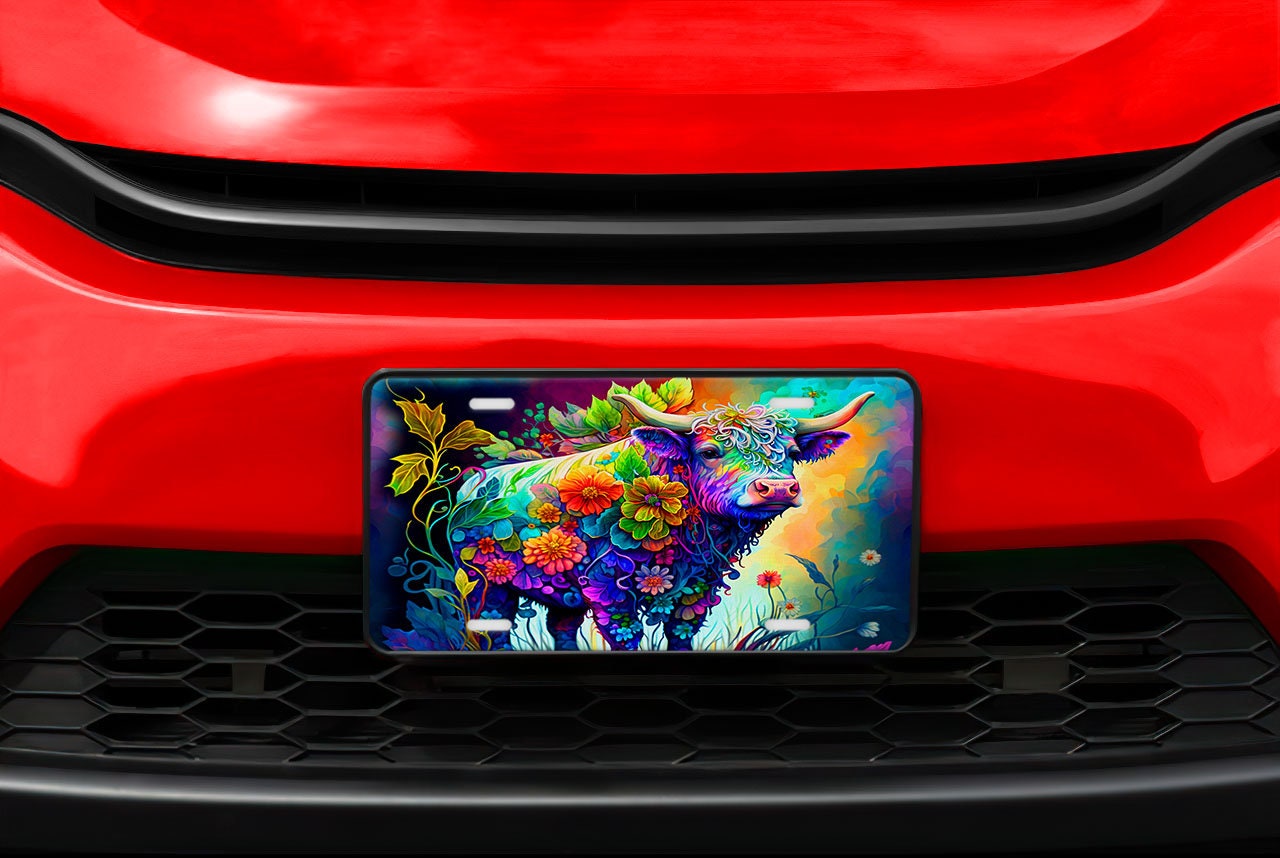 Highland Cow in Flowers Aluminum Vanity License Plate Car Accessory Decorative Front Plate