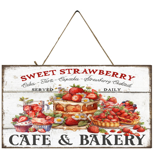 Sweet Strawberry Cafe Twisted R Design Farmhouse Hanging Wood Sign, Wood Decorative Wall Signs, 5" x 10" Wood Wall Decor, Hanging Wall Sign