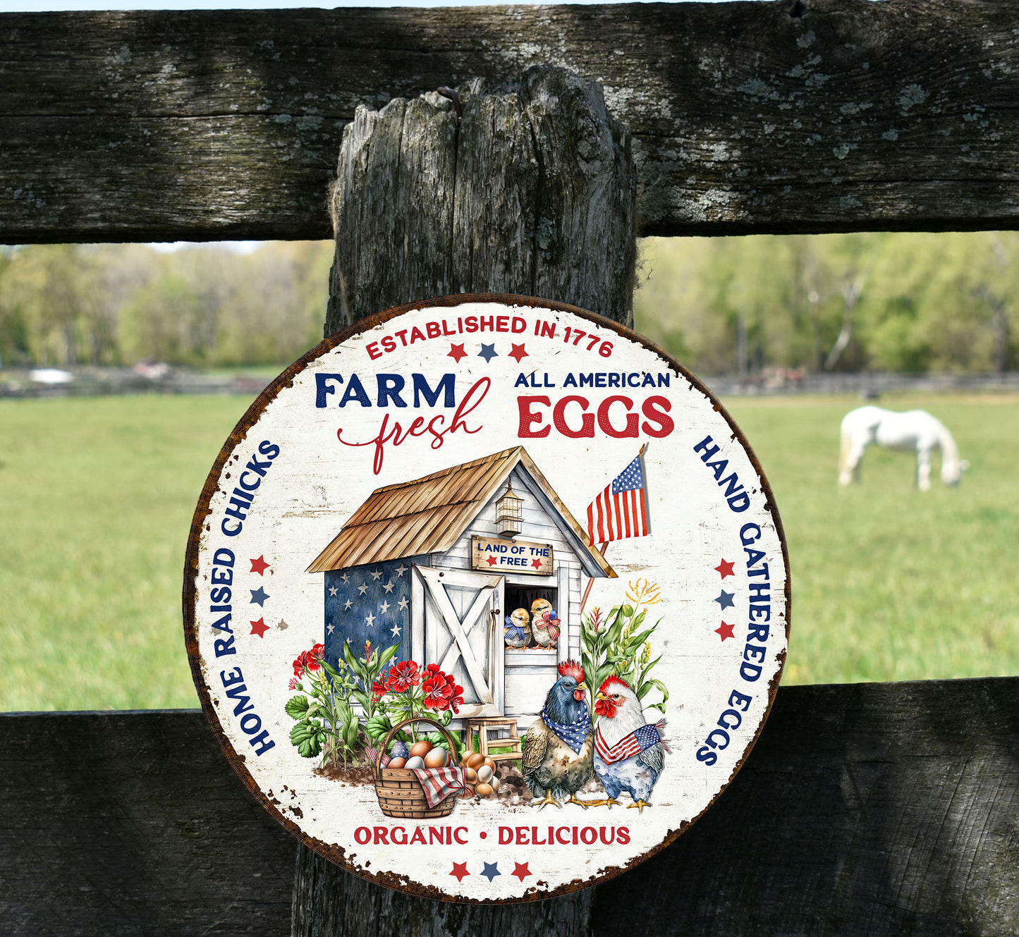 All American Fresh Eggs Farmhouse Sign Round Printed Handmade Wood Sign, Door Hanger, Wreath Sign