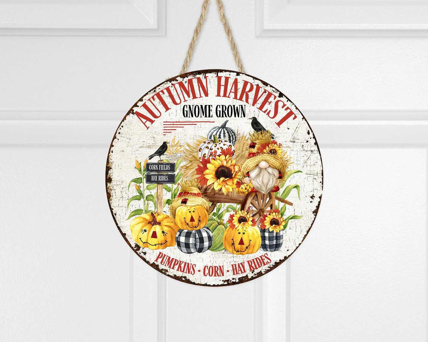 Autumn Harvest Gnome Wreath Fall Round Printed Handmade Wood Sign Door Hanger