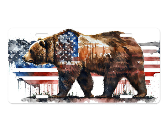 American Bear Patriotic, American Flag Printed Aluminum Front License Plate, Car Accessory, Vanity Plate
