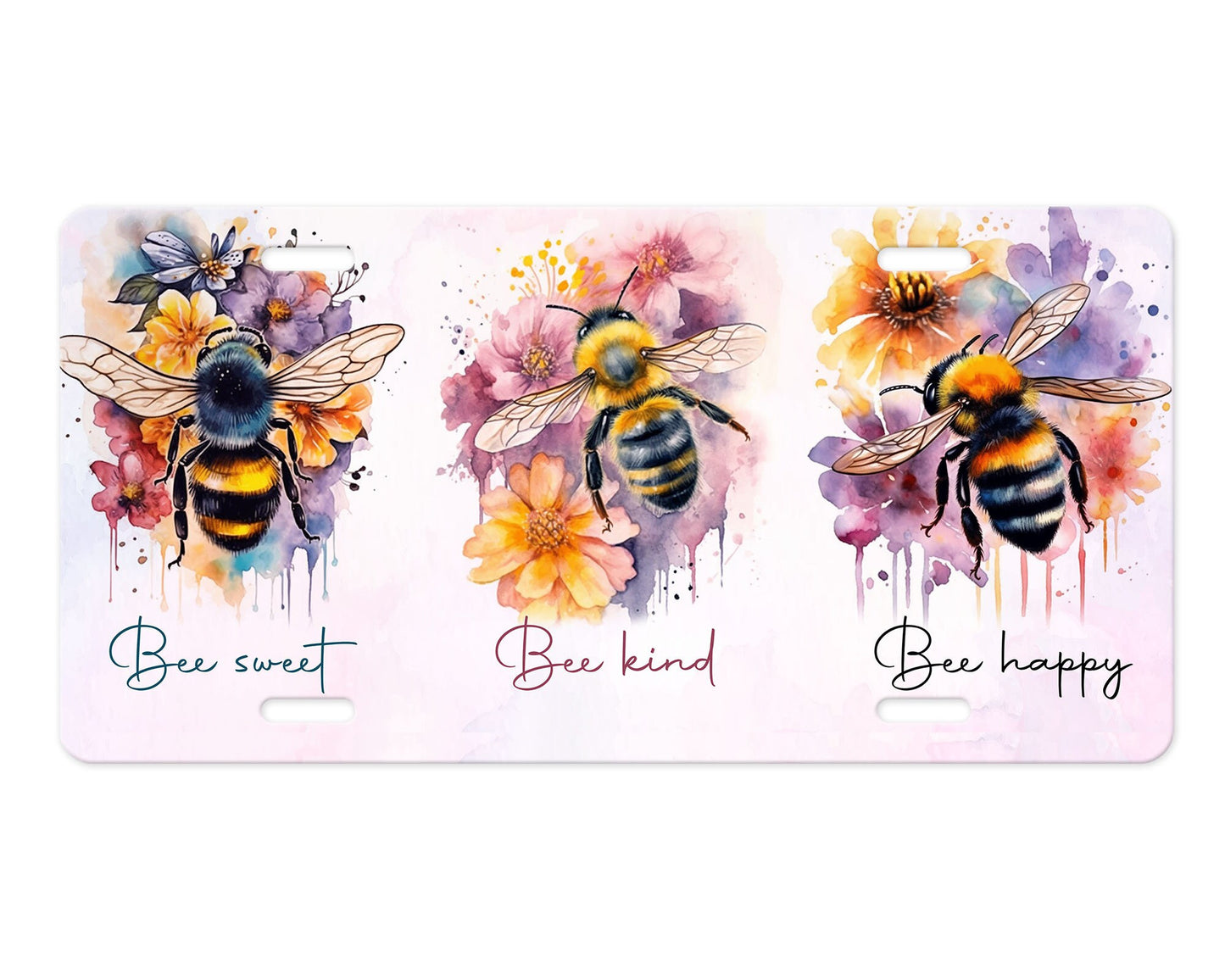 Bee Sweet, Bee Kind, Bee Happy, Honey Bee Floral Printed Aluminum Front License Plate, Car Accessory, Vanity Plate