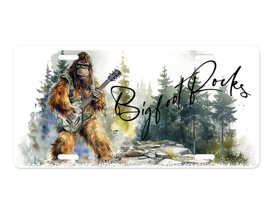 Bigfoot Rocks Playing Guitar, Sasquatch Print Aluminum Front License Plate, Car Accessory, Vanity Plate